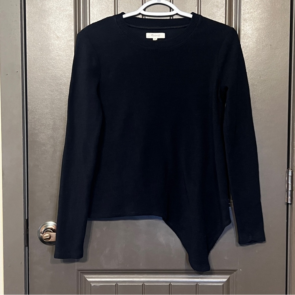 Madewell Black Long Sleeved Ribbed Asymmetrical Top, Size Extra Small - Picture 4 of 7